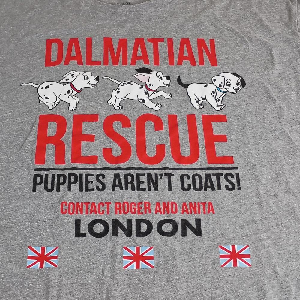 Disney 101 Dalmatians T-Shirt Mens Large Gray Rescue Puppies Aren't Coats